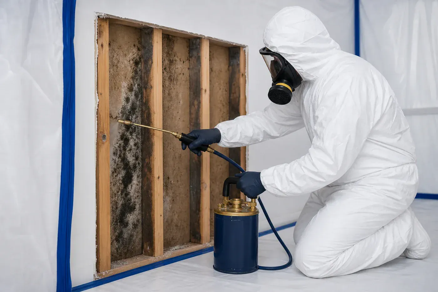 Mold remediation specialist treating an enclosed wall cavity